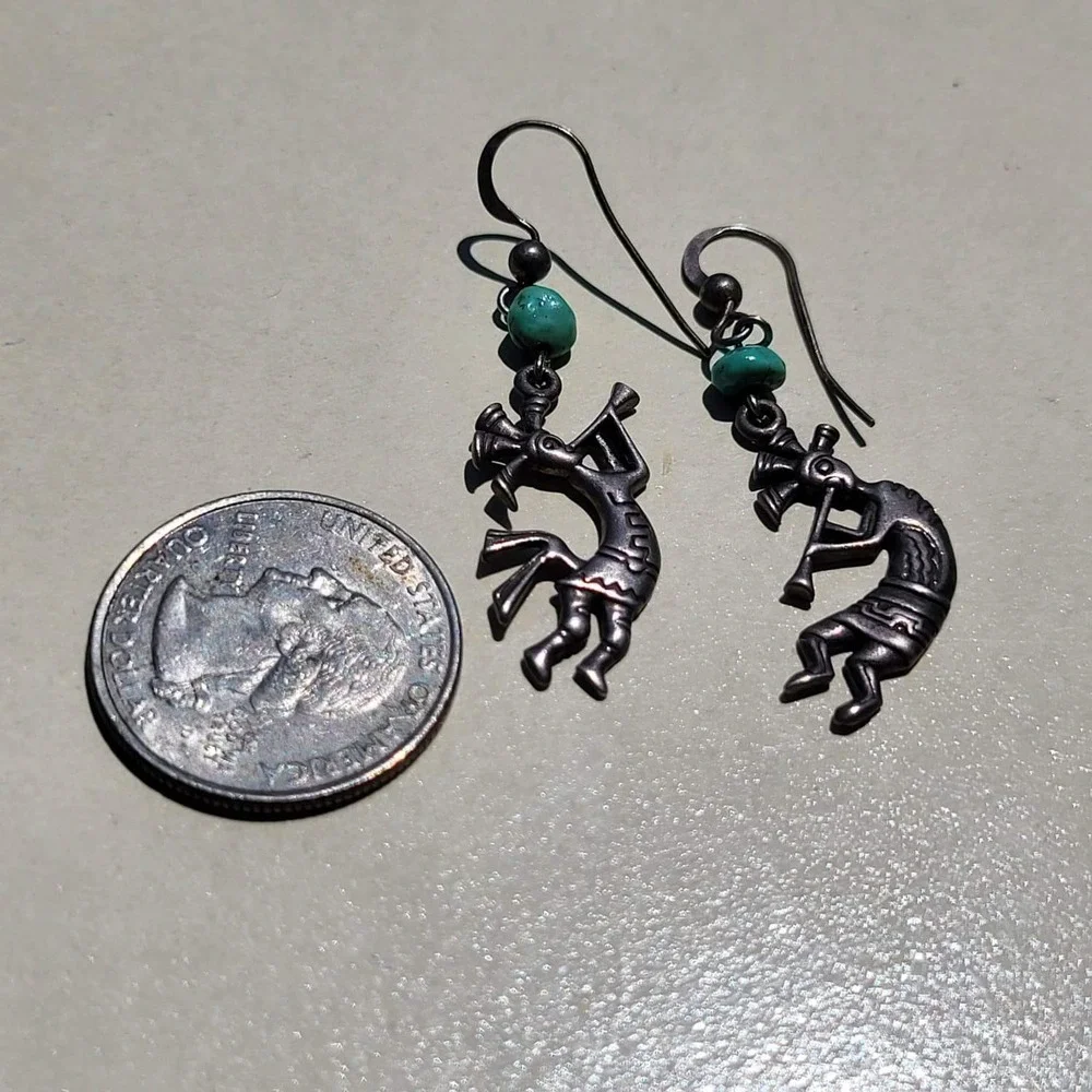 Vintage Silver Tone Turquoise Kokopelli Flute Player Drop Earrings Silver